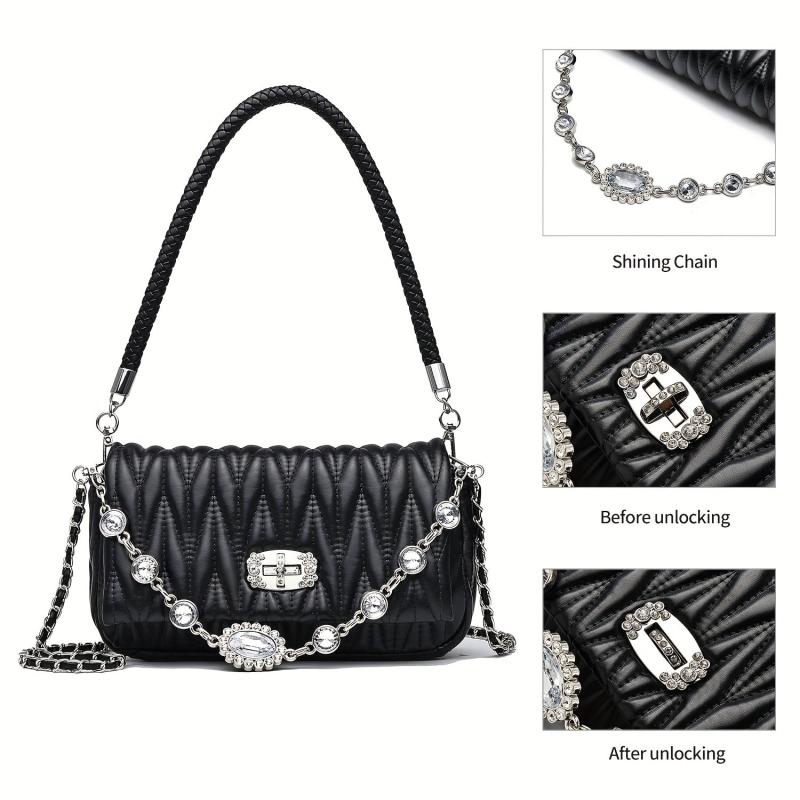 Quilted Ruched Shoulder Bag Chain Crossbody Bag Rhinestone Flap Purse