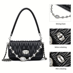 Quilted Ruched Shoulder Bag Chain Crossbody Bag Rhinestone Flap Purse