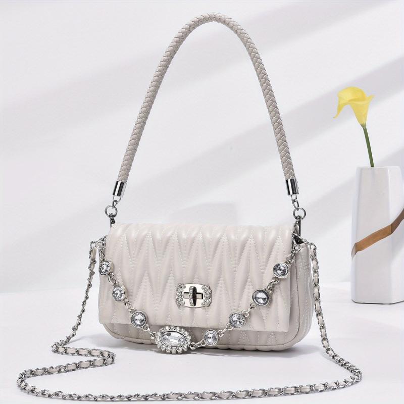 Quilted Ruched Shoulder Bag Chain Crossbody Bag Rhinestone Flap Purse