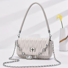 Quilted Ruched Shoulder Bag Chain Crossbody Bag Rhinestone Flap Purse
