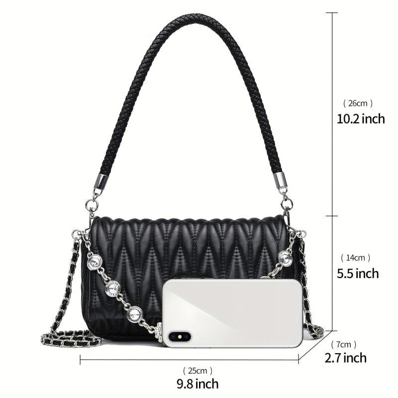 Quilted Ruched Shoulder Bag Chain Crossbody Bag Rhinestone Flap Purse
