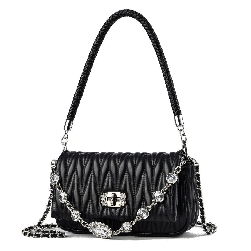 Quilted Ruched Shoulder Bag Chain Crossbody Bag Rhinestone Flap Purse