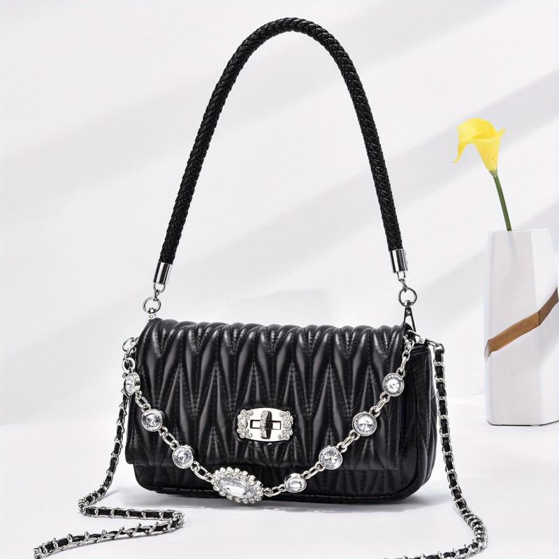 Quilted Ruched Shoulder Bag Chain Crossbody Bag Rhinestone Flap Purse