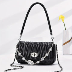 Quilted Ruched Shoulder Bag Chain Crossbody Bag Rhinestone Flap Purse