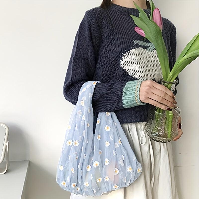 Daisy Embroidery Handbag Mesh Tote Bag Women's Shopping Bag