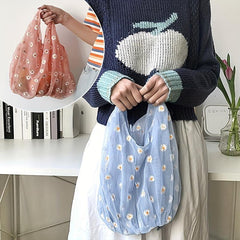 Daisy Embroidery Handbag Mesh Tote Bag Women's Shopping Bag