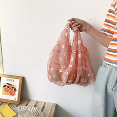 Daisy Embroidery Handbag Mesh Tote Bag Women's Shopping Bag