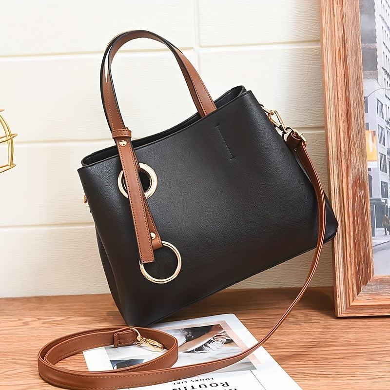 Large Capacity Satchel Tote Bag PU Leather Textured Shoulder Bag