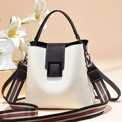 Classic Bucket Bag with Strips Strap PU Leather Crossbody Handbag