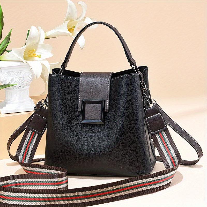 Classic Bucket Bag with Strips Strap PU Leather Crossbody Handbag