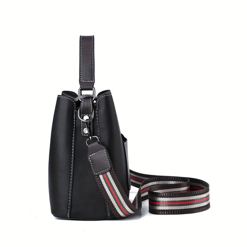 Classic Bucket Bag with Strips Strap PU Leather Crossbody Handbag