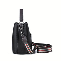 Classic Bucket Bag with Strips Strap PU Leather Crossbody Handbag