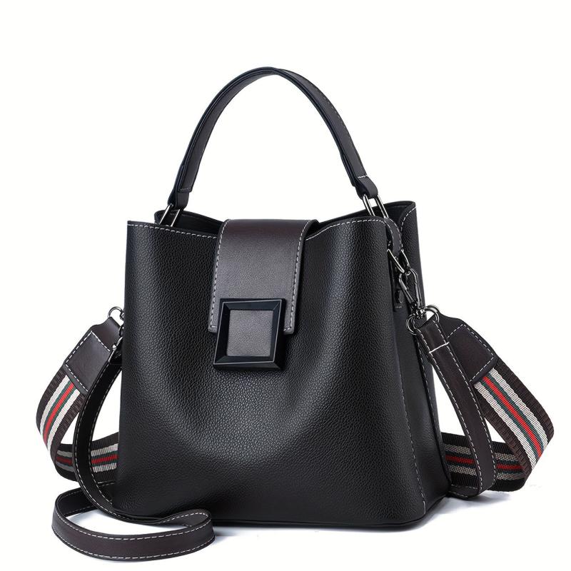Classic Bucket Bag with Strips Strap PU Leather Crossbody Handbag