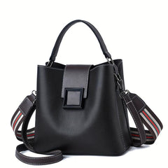 Classic Bucket Bag with Strips Strap PU Leather Crossbody Handbag