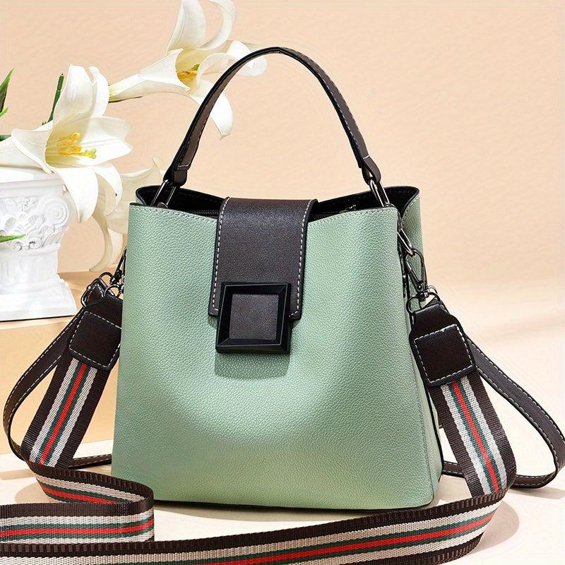 Classic Bucket Bag with Strips Strap PU Leather Crossbody Handbag