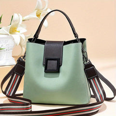 Classic Bucket Bag with Strips Strap PU Leather Crossbody Handbag