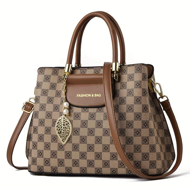Leaf Print Shoulder Bag with Faux Pearl Decor