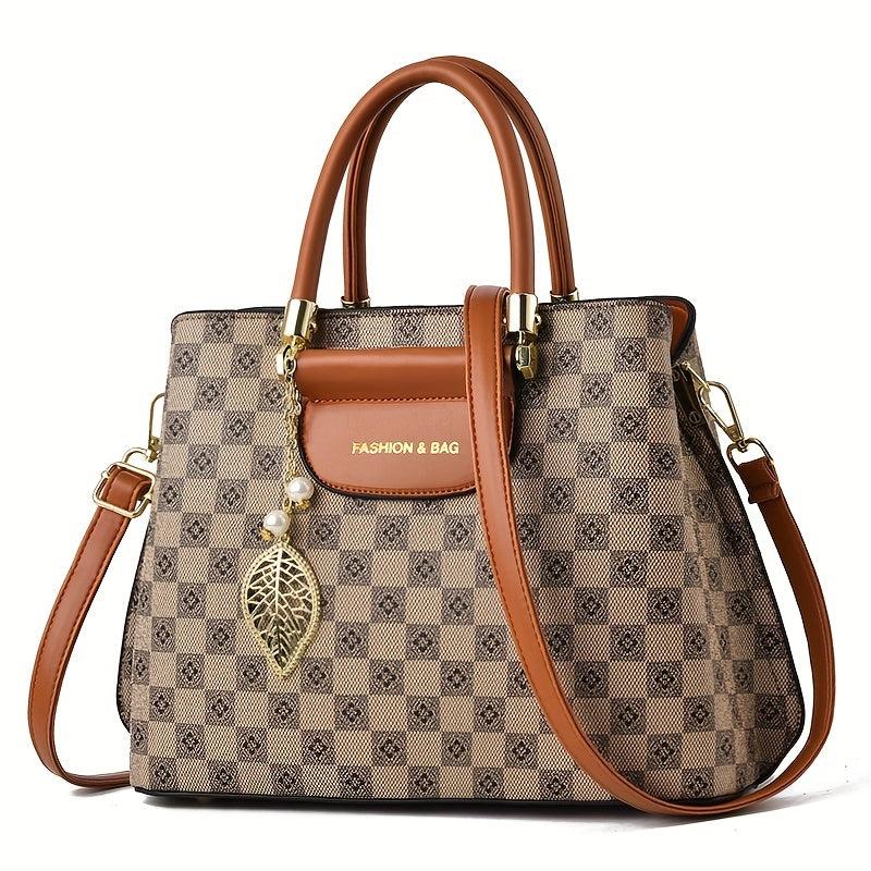 Leaf Print Shoulder Bag with Faux Pearl Decor