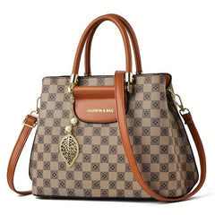 Leaf Print Shoulder Bag with Faux Pearl Decor