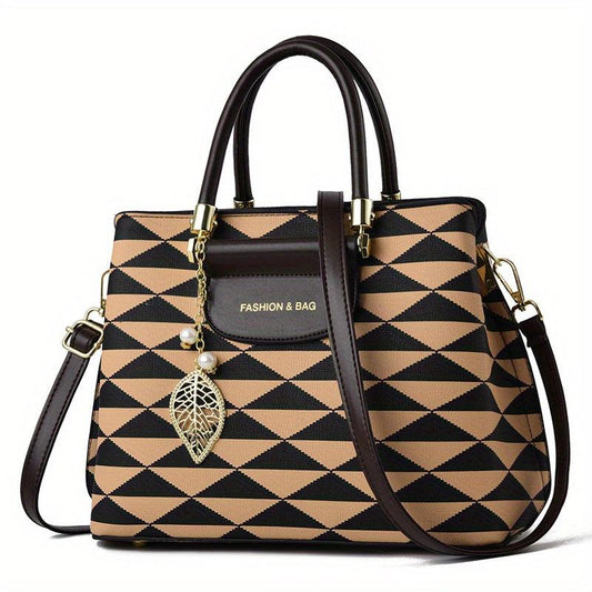 Leaf Print Shoulder Bag with Faux Pearl Decor