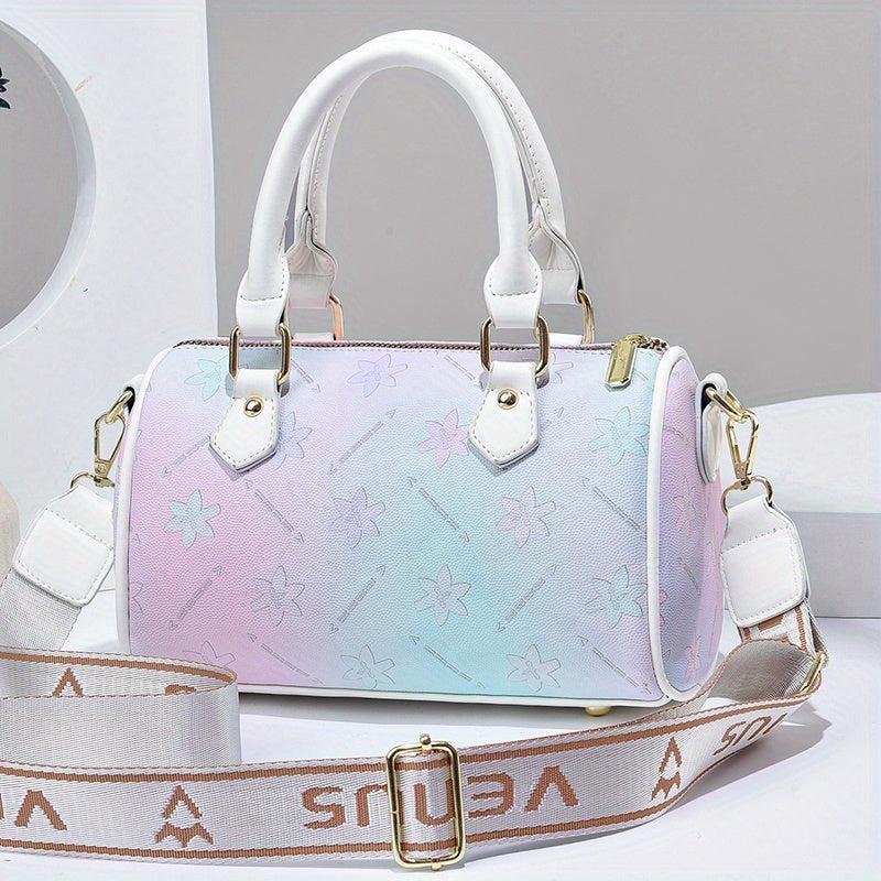 Ombre Flower Print Durable Shoulder Bag Faux Leather Double Handle Tote Handbag