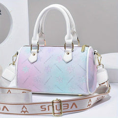 Ombre Flower Print Durable Shoulder Bag Faux Leather Double Handle Tote Handbag