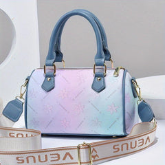 Ombre Flower Print Durable Shoulder Bag Faux Leather Double Handle Tote Handbag