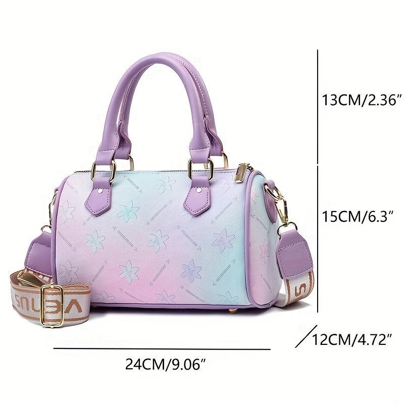 Ombre Flower Print Durable Shoulder Bag Faux Leather Double Handle Tote Handbag