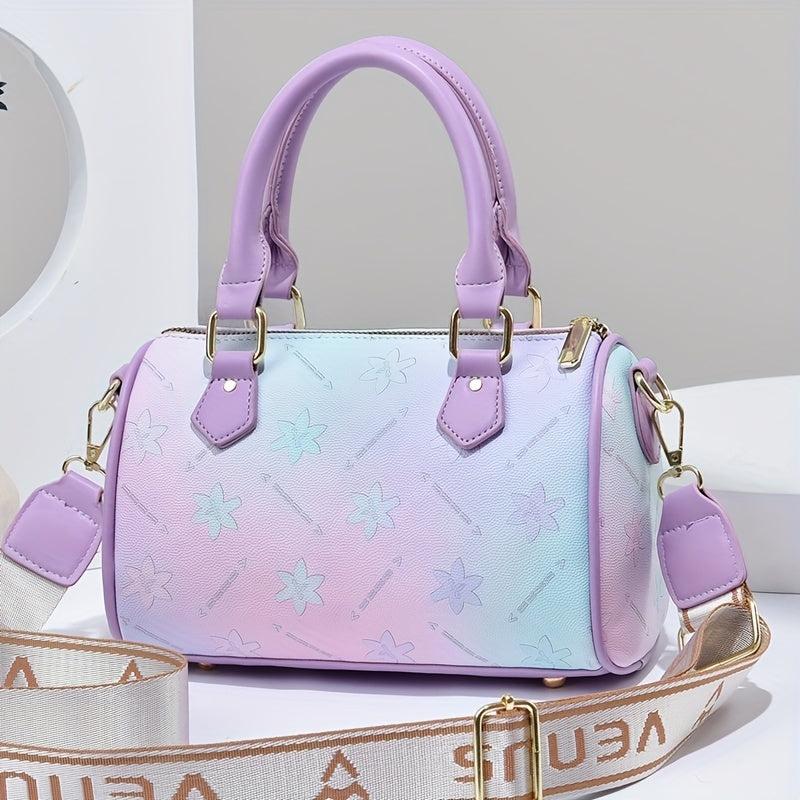 Ombre Flower Print Durable Shoulder Bag Faux Leather Double Handle Tote Handbag