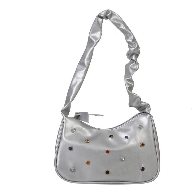 Colorful Rhinestone Decor Shoulder Bag with Ruched Handle