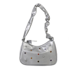 Colorful Rhinestone Decor Shoulder Bag with Ruched Handle