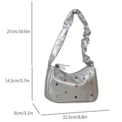 Colorful Rhinestone Decor Shoulder Bag with Ruched Handle