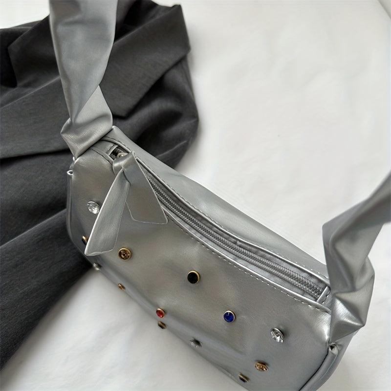Colorful Rhinestone Decor Shoulder Bag with Ruched Handle
