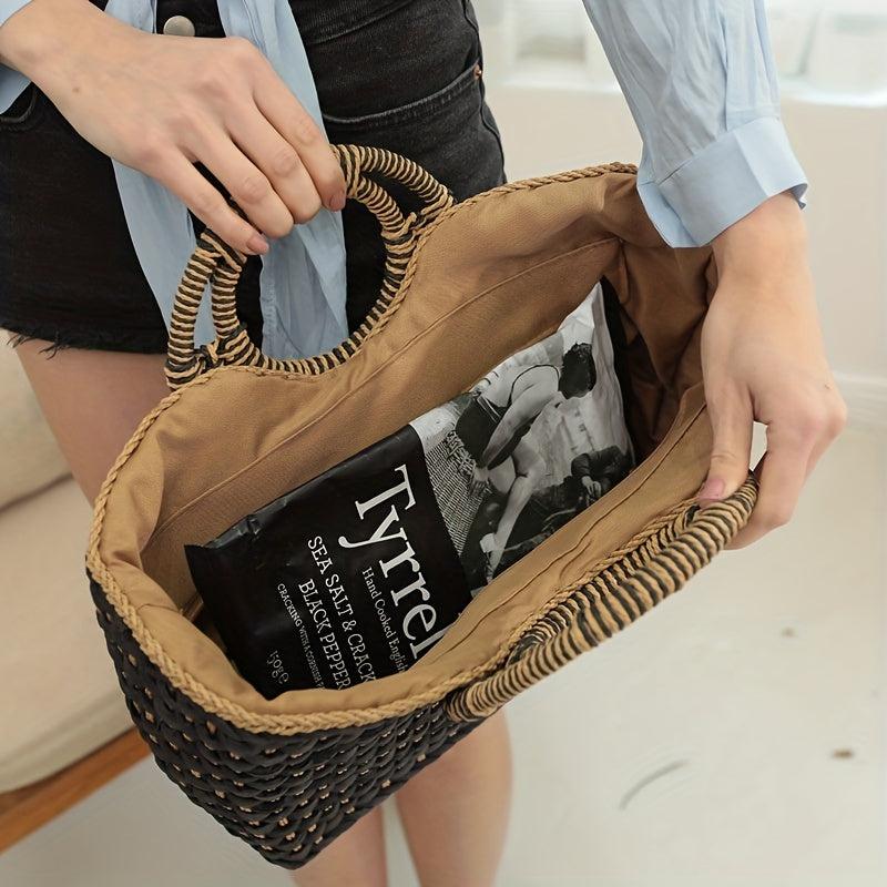 Women Straw Bag Hand Woven Boho Beach Top Handle Bag