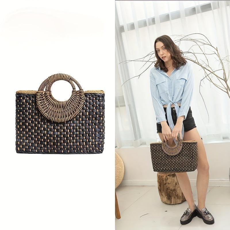 Women Straw Bag Hand Woven Boho Beach Top Handle Bag