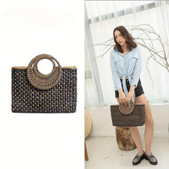 Women Straw Bag Hand Woven Boho Beach Top Handle Bag