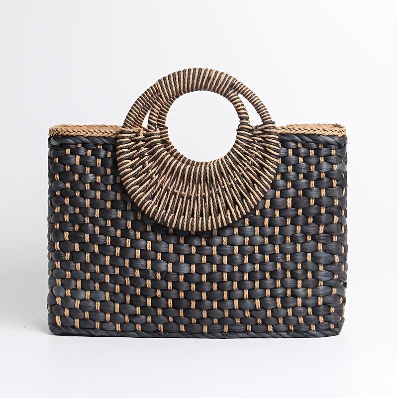 Women Straw Bag Hand Woven Boho Beach Top Handle Bag