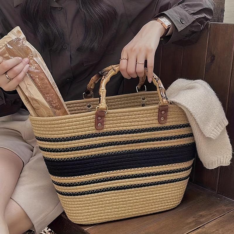 Striped Pattern Tote Bag Minimalist Straw Satchel Bag