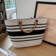 Striped Pattern Tote Bag Minimalist Straw Satchel Bag