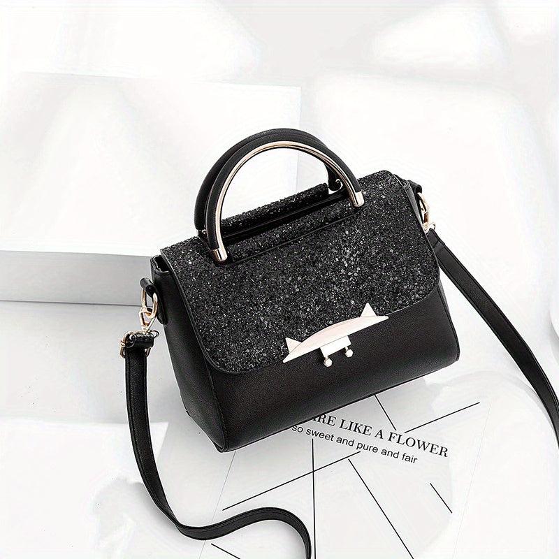 Glitter Flap Top Handle Handbag Stylish Shoulder Bag