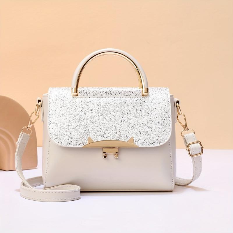 Glitter Flap Top Handle Handbag Stylish Shoulder Bag