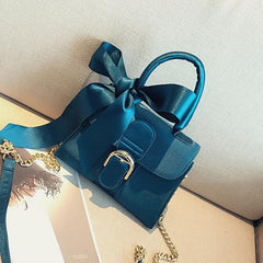 Vintage Suede Handbag Chain Crossbody Bag Scarf Bow Flap Purse
