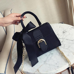 Vintage Suede Handbag Chain Crossbody Bag Scarf Bow Flap Purse