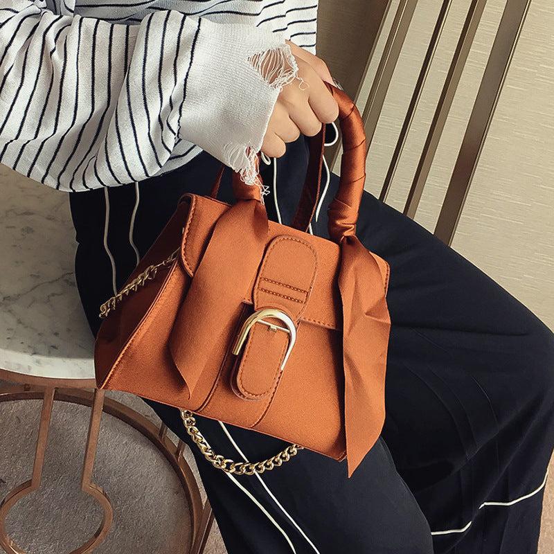 Vintage Suede Handbag Chain Crossbody Bag Scarf Bow Flap Purse