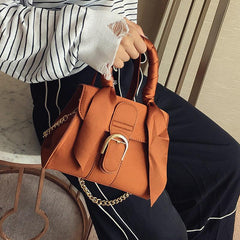 Vintage Suede Handbag Chain Crossbody Bag Scarf Bow Flap Purse