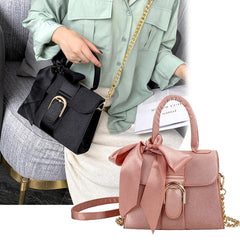 Vintage Suede Handbag Chain Crossbody Bag Scarf Bow Flap Purse