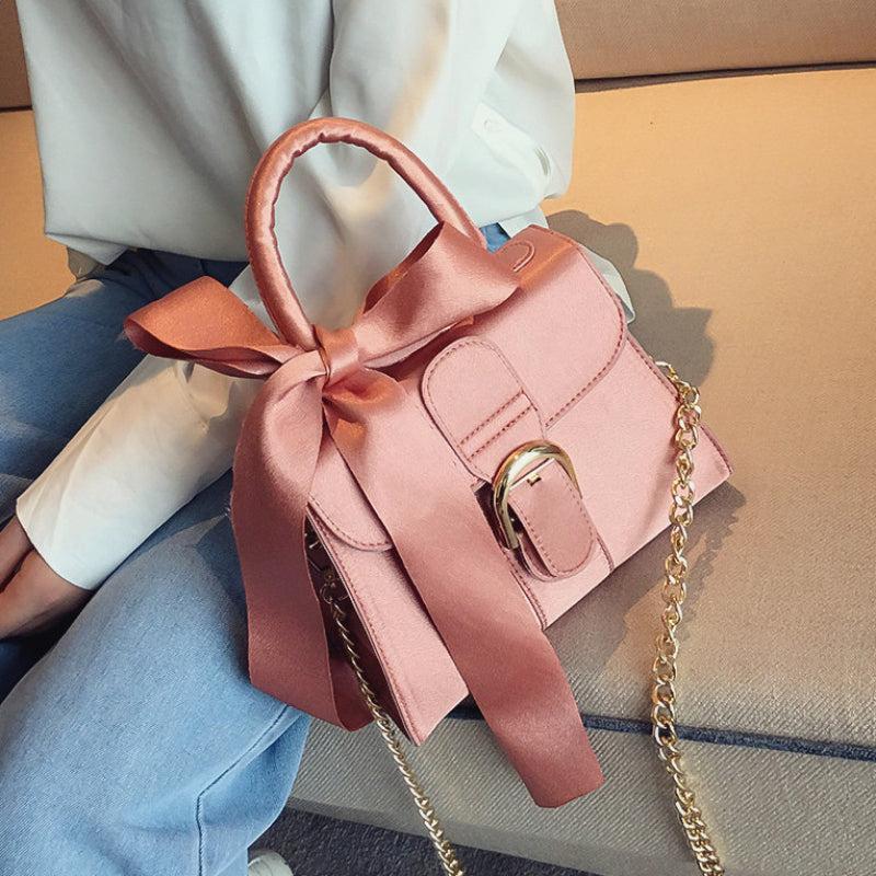 Vintage Suede Handbag Chain Crossbody Bag Scarf Bow Flap Purse