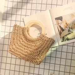 Boho Style Straw Woven Handbag Wooden Handle Beach Bag