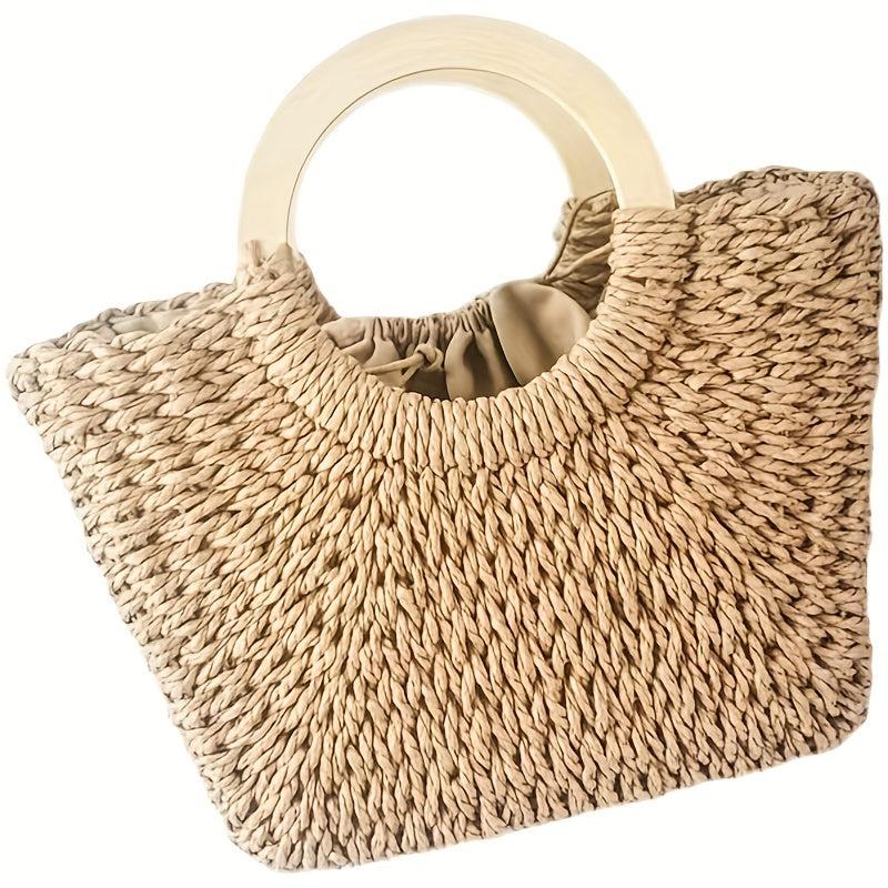 Boho Style Straw Woven Handbag Wooden Handle Beach Bag