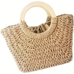 Boho Style Straw Woven Handbag Wooden Handle Beach Bag